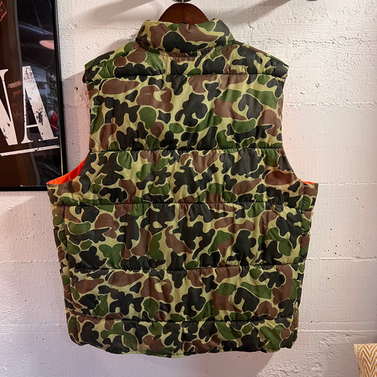 Vintage 1980's Black Sheep Reversible Duck Camo Puffer Vest - Size Large - Made In USA - Duck Camo/Blaze Orange