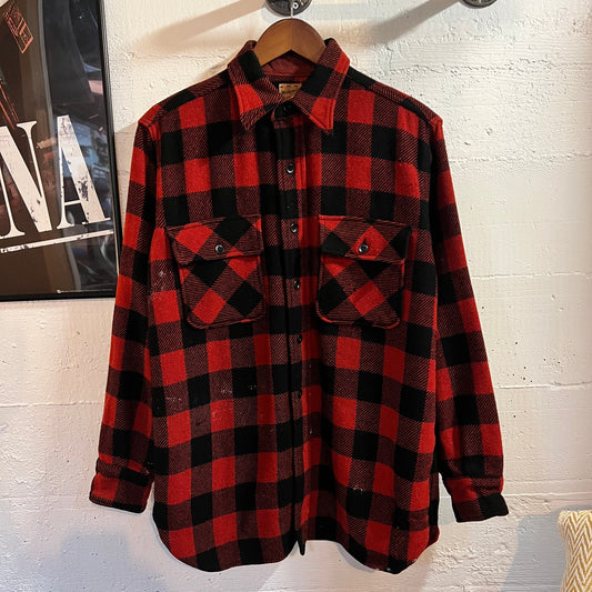 True Vintage  Distressed 1940's/1950's Spiegel Workmaster Wool Gusseted Flannel Shirt - Size Large - Made In USA - Red/Black