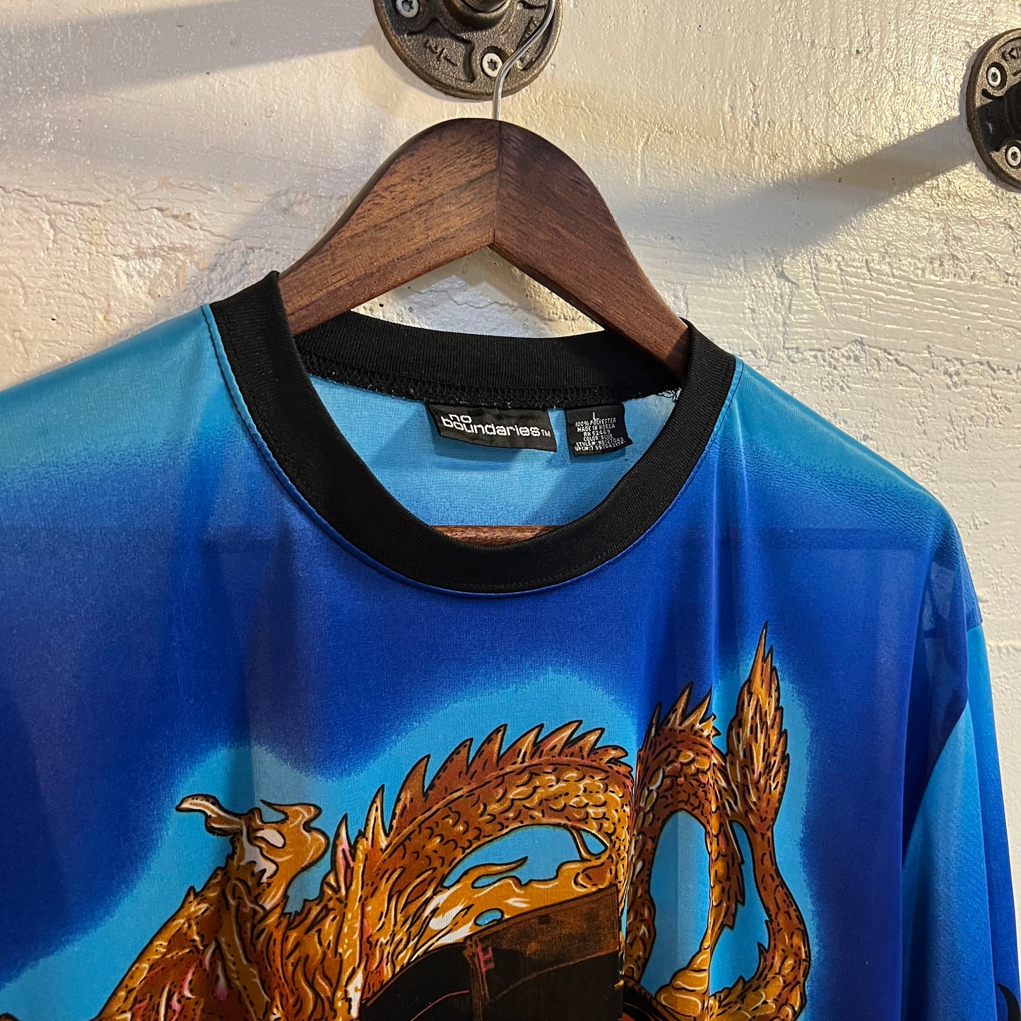 Vintage Y2K Fine Sheer Mesh Dragon Kanji Hot Rod T-Shirt - Size Large - Blue/Multi