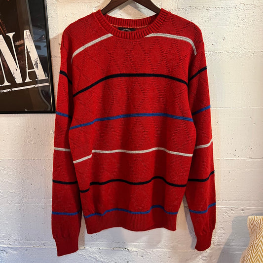 Vintage 80’s Jantzen Argyle Diamond Patterned Horizontal Striped Knitted Sweater - Size Large - Made In USA - Red/Navy/Blue/Grey