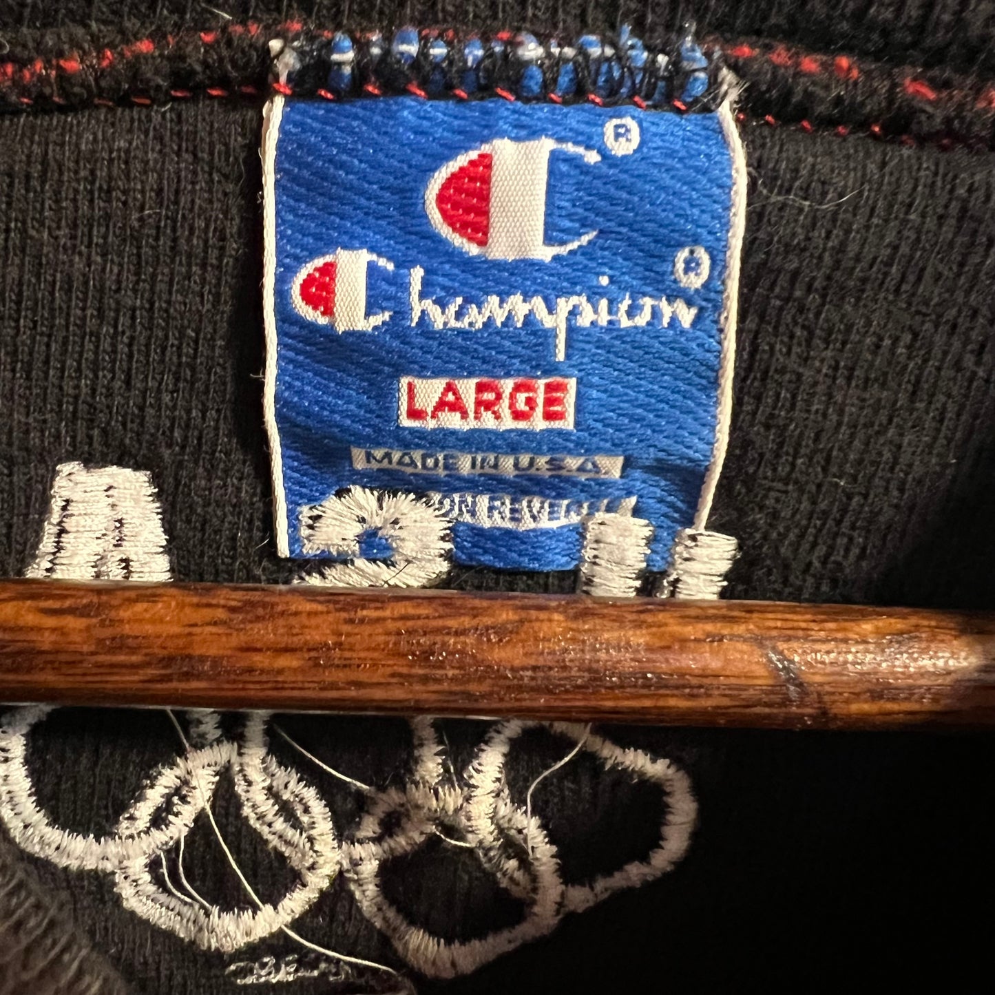 Vintage Embroidered Champion Olympic Zippered Crewneck Sweatshirt - Size Large - Made In USA - Black/Red