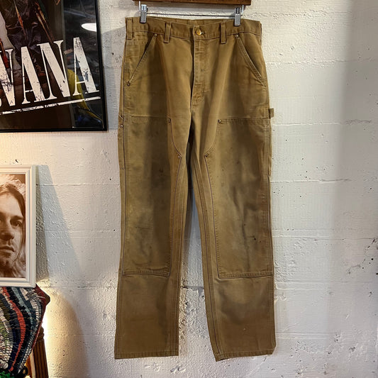 Vintage Distressed Carhartt Duck Canvas Double Knee Dungaree - Size 32" x 30.5" - B01-BRN