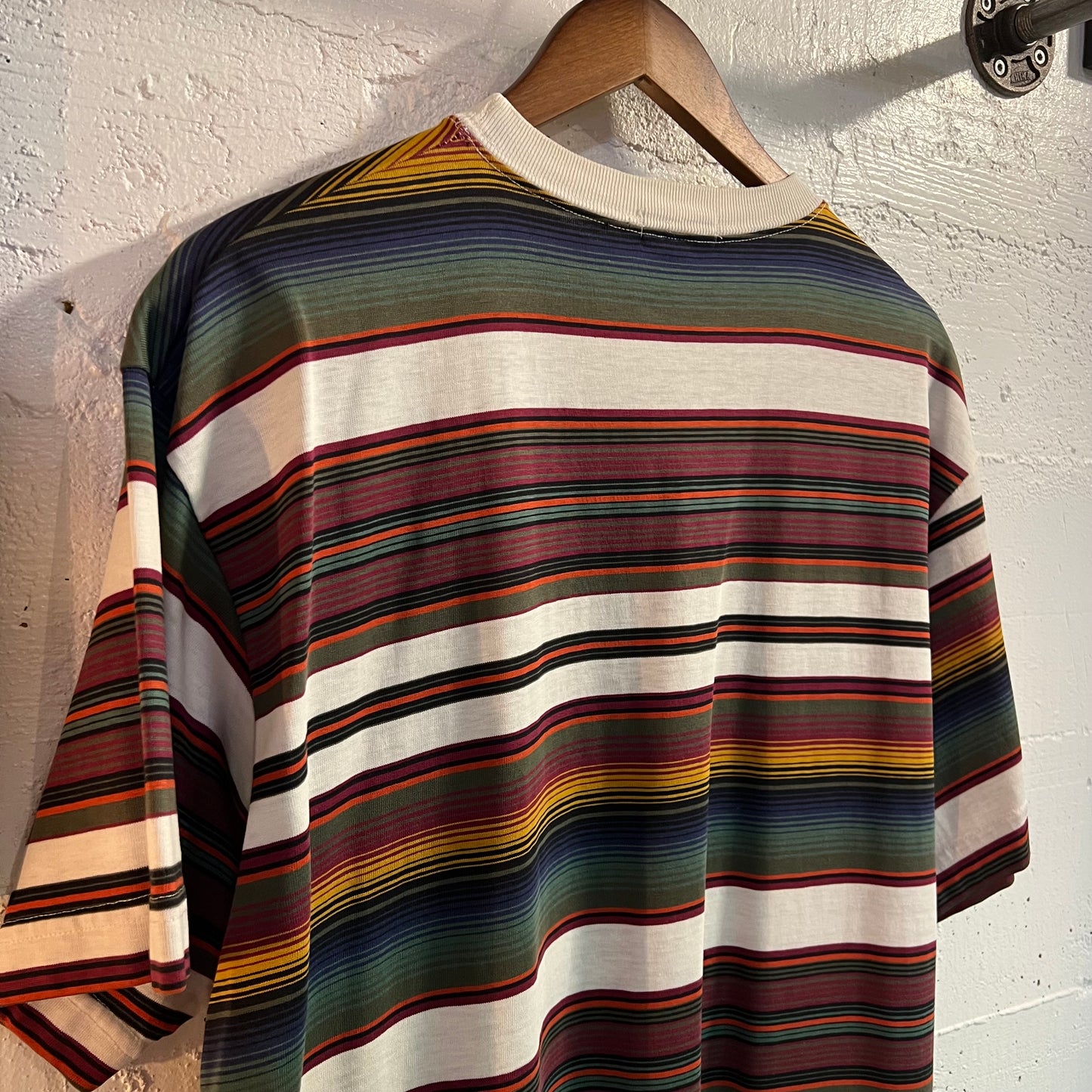 Vintage 80's Stüssy Embroidered Crown Striped Tom Tom Pocket T-Shirt
 - Size Medium - Made In USA