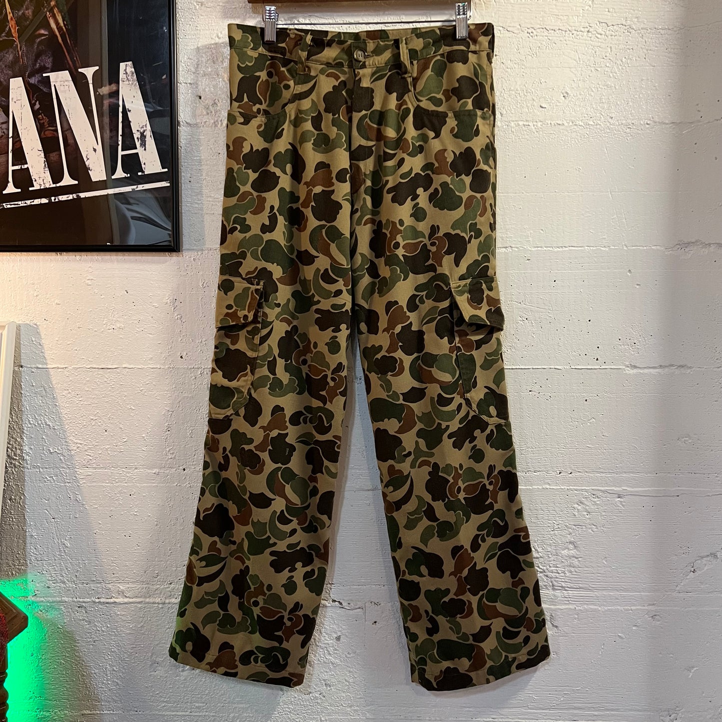 Vintage Duck Camo Cargo Hunting Field Pants - Size 30"/28" - Made In USA - Olive/Brown/Camo