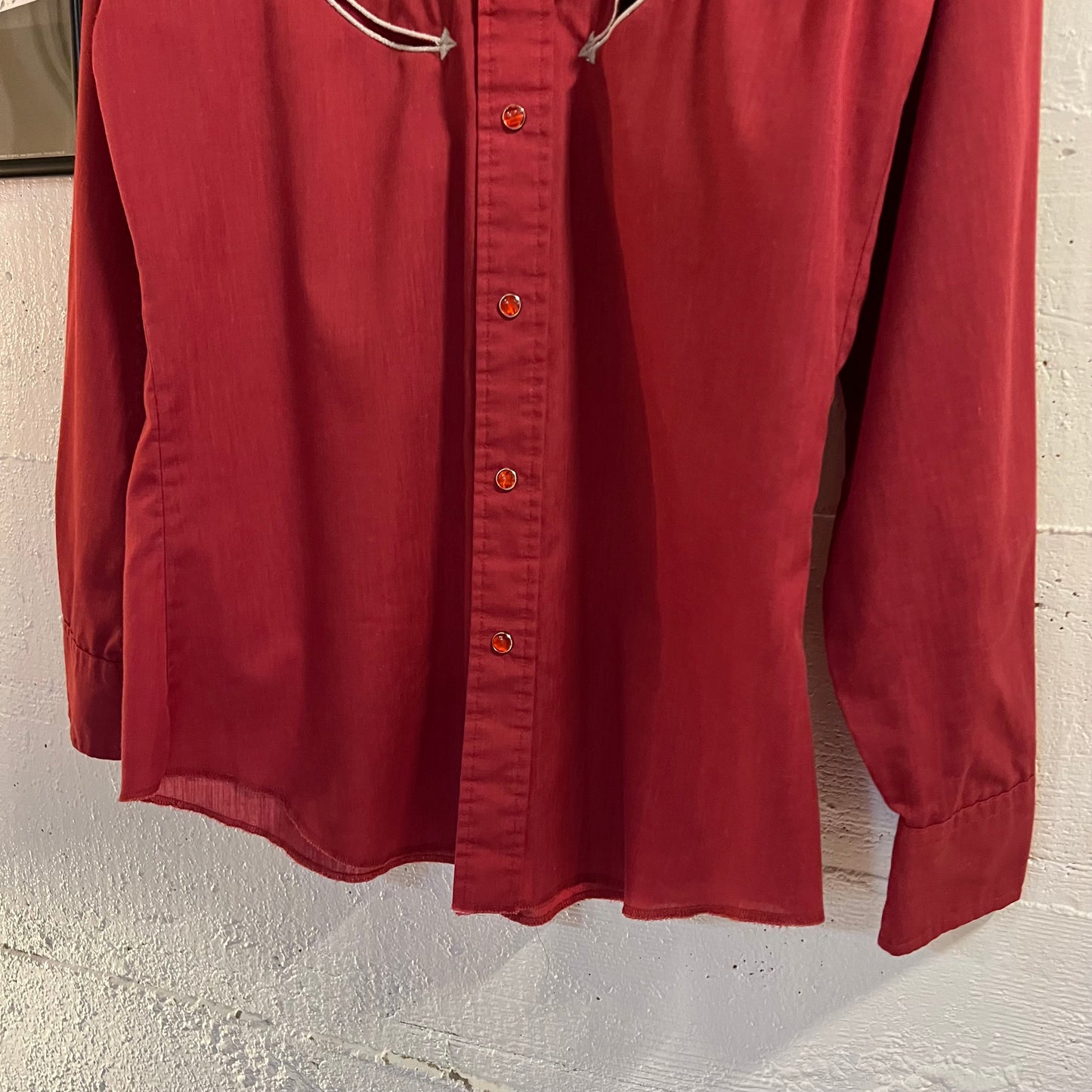 Vintage 1970's Wrangler Western Yoke Pearl Snap Western Shirt - Size Medium - Made In USA - Maroon/Silver