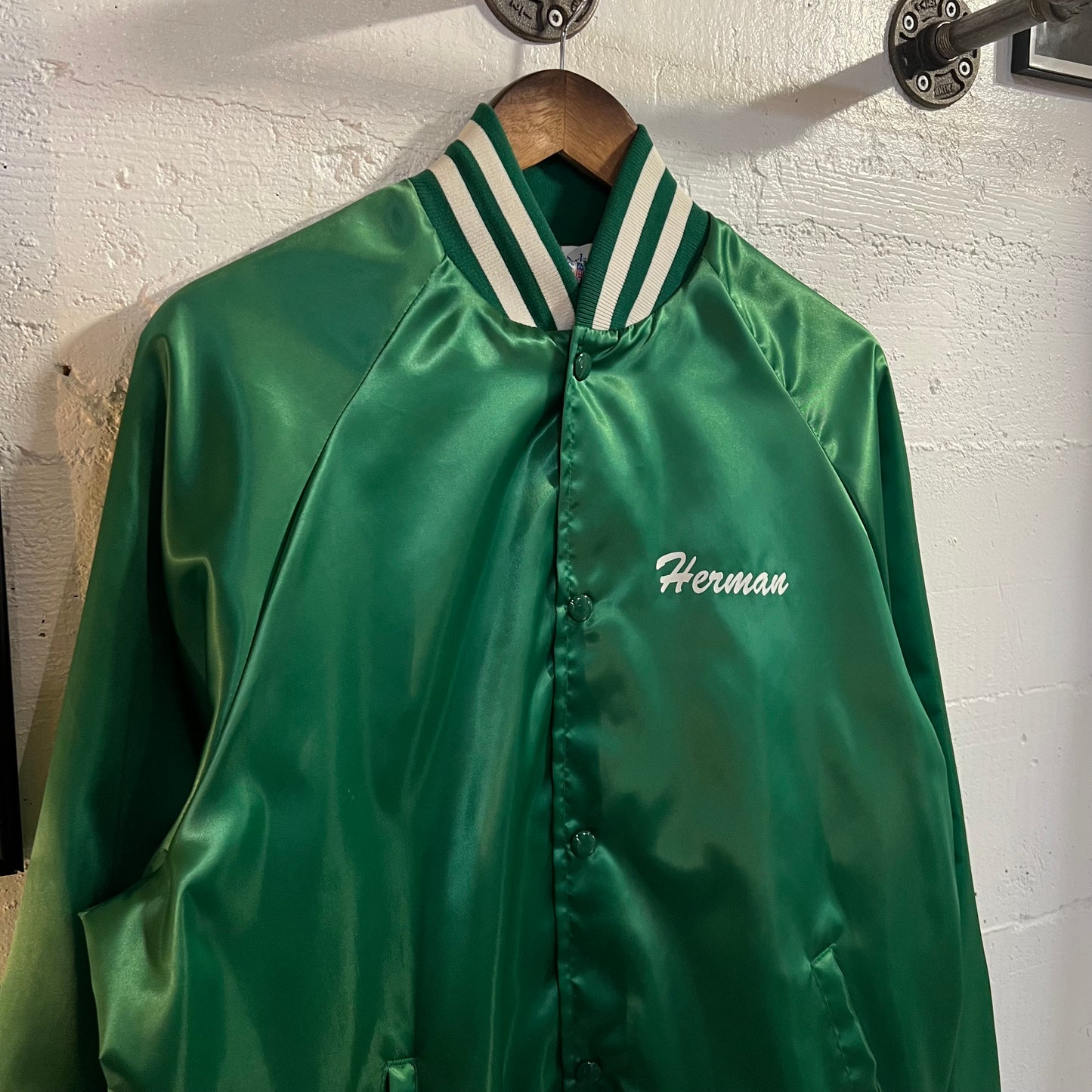 Vintage Westark Longview County Fair Satin Bomber Jacket - Size Large - Made In USA - Kelly Green/White
