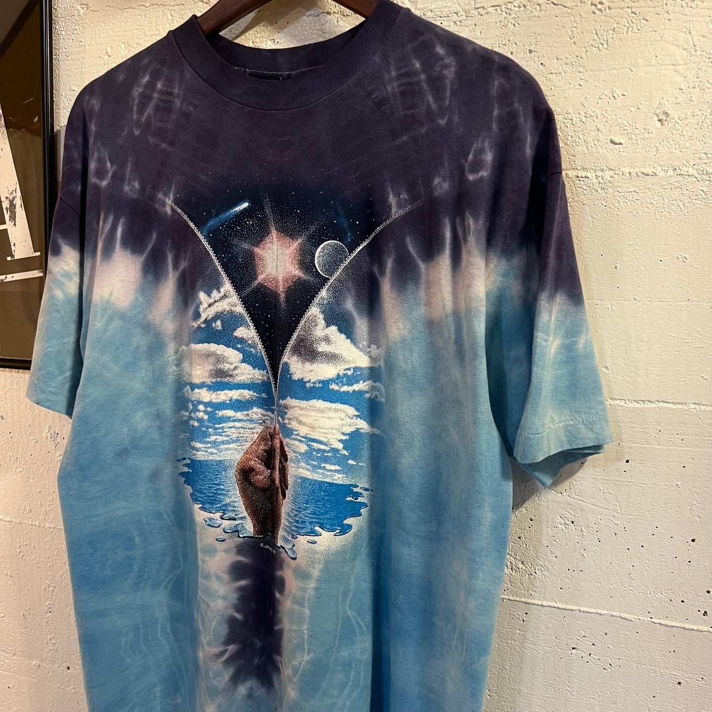 Vintage 1986 Jenshus Tie Dye Cosmic Zipper Single Stitch T-Shirt - Size Large - Made In USA - Blue/Light-Blue