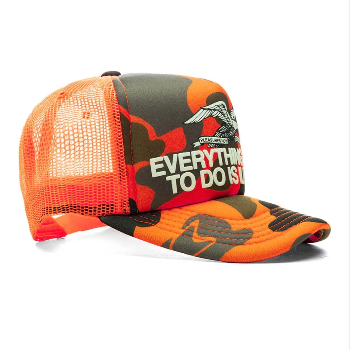 Pleasures 'Illegal' Duck Camo Mesh Back Trucker Hat - O/S - Blaze Orange