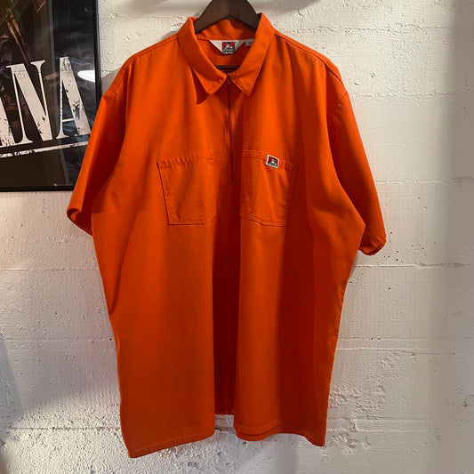 Vintage 90’s Ben Davis 1/4 Zip Pocket Short Sleeve Shirt - Size 3XL - Made In USA - Bright Orange