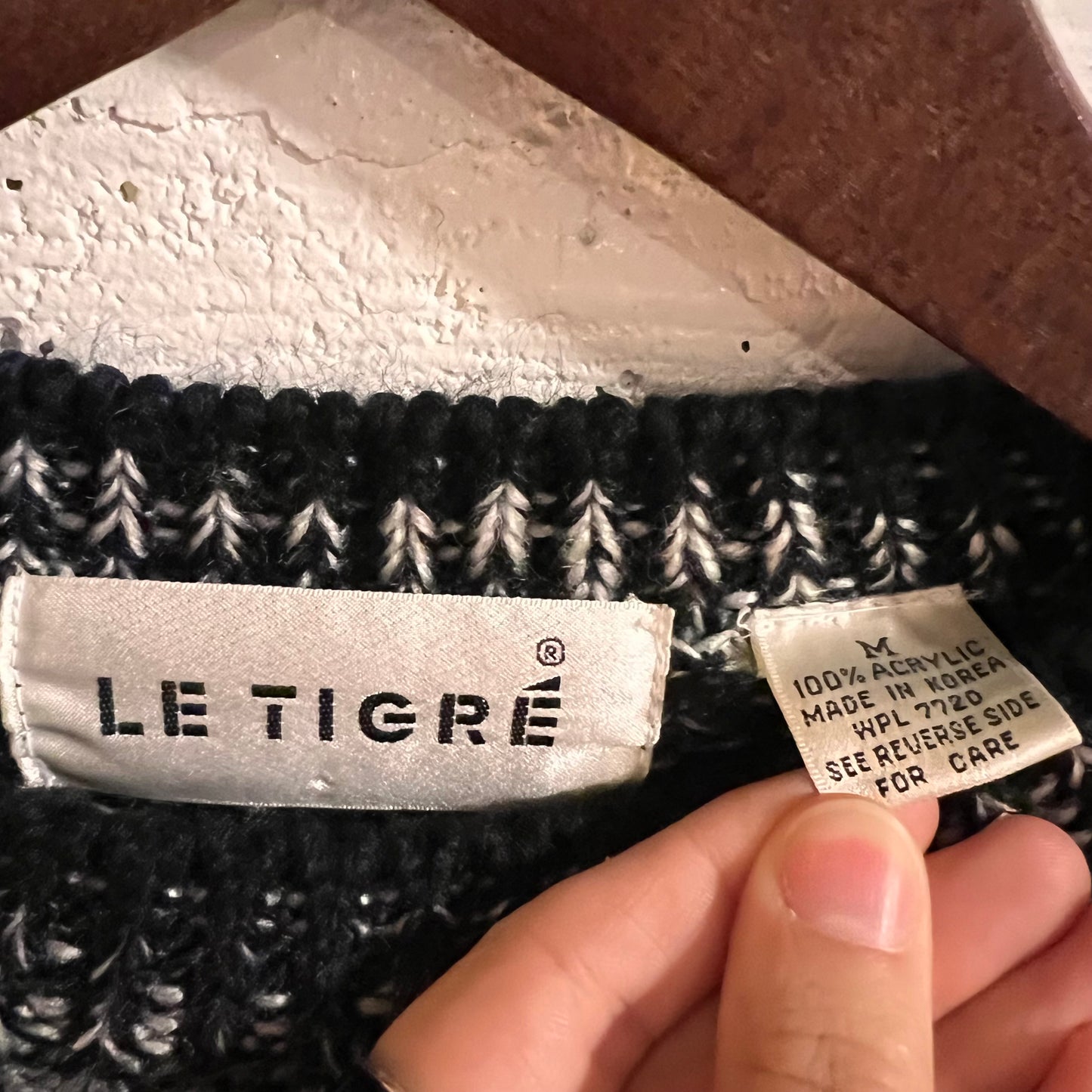 Vintage 80’s/90’s Le Tigré Heavyweight Acrylic Abstract Geometric Panel Knitted Sweater - Size Medium - Black/Blueish Grey/White