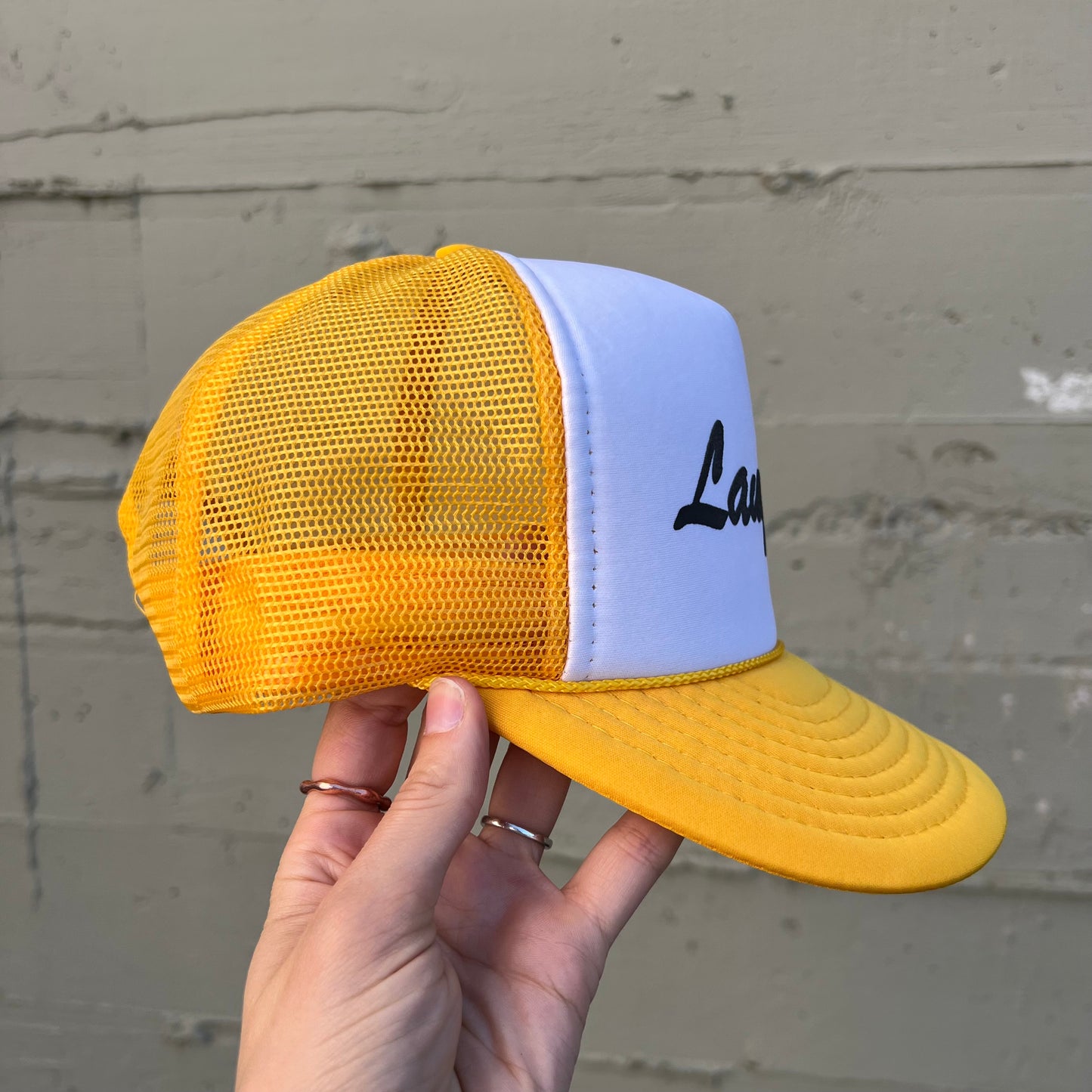 Vintage 1980's Laughlin Nevada Two Tone Mesh Back Trucker Hat - O/S - Yellow/White