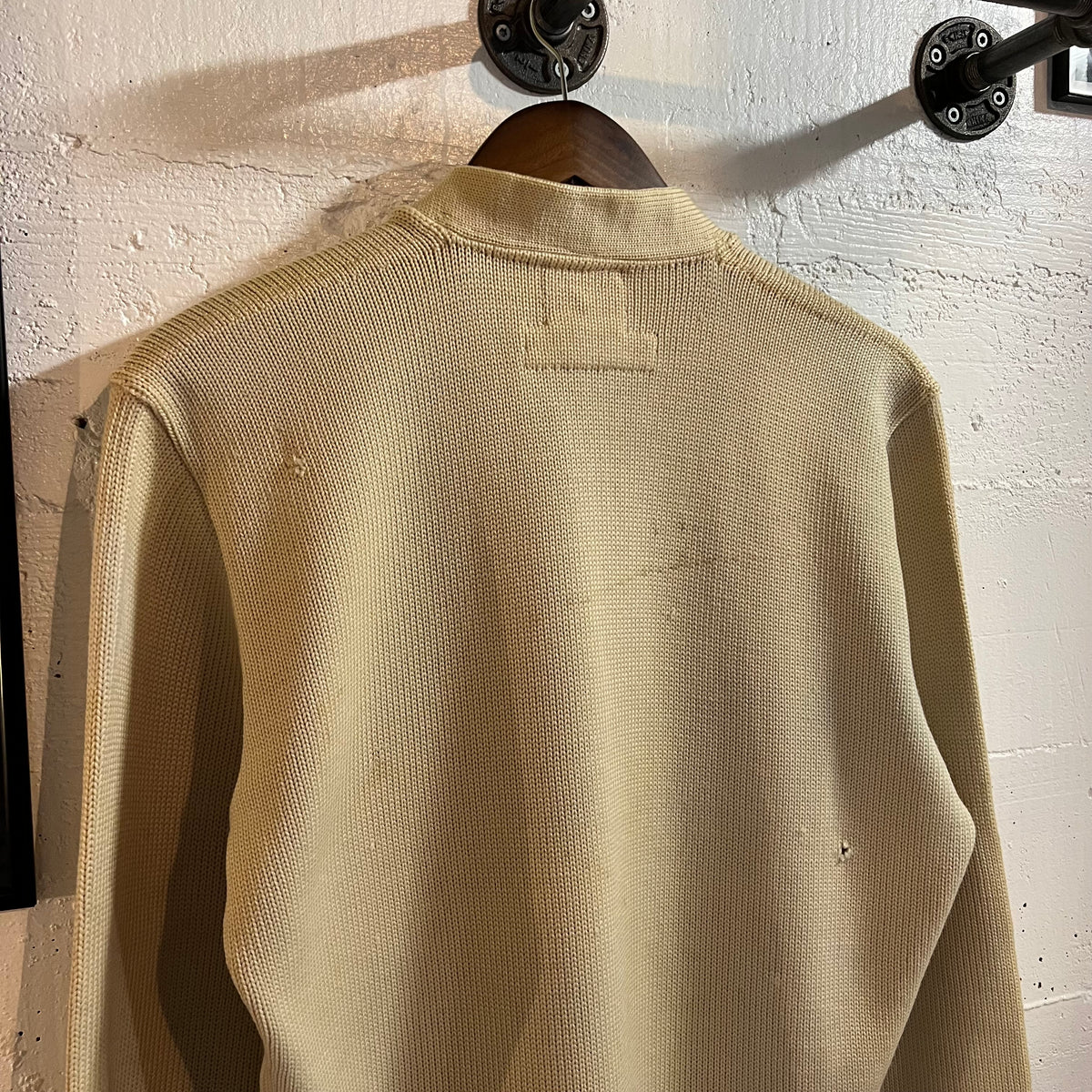 True Vintage Distressed 1950's Kandel Knitting Mills Virgin Wool Varsity Letterman Cardigan Sweater - Size Large - Made In USA - Off-White/Cream/Purple