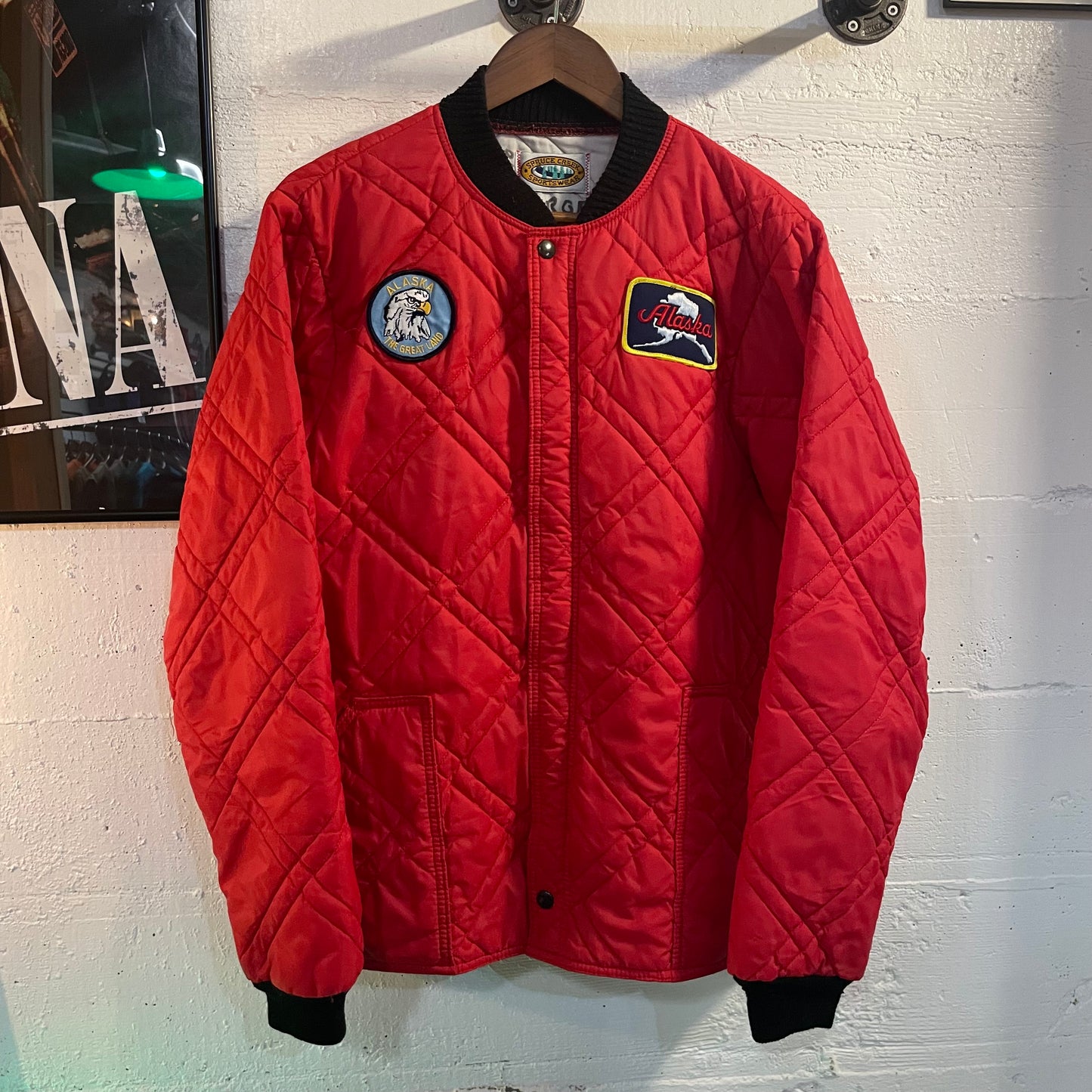 Vintage 90's Spruce Creek Quilted 'Alaska' Souvenir Bomber Jacket - Size Large - Made In USA - Red