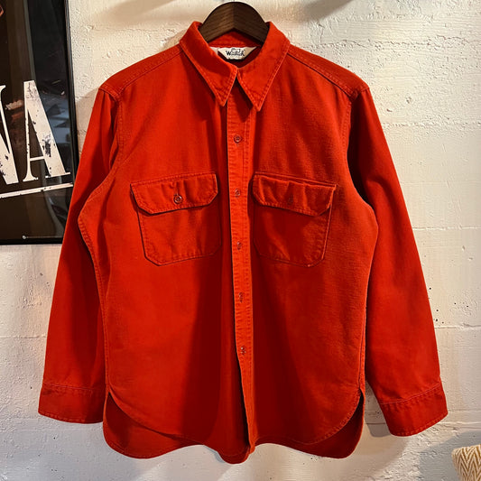 True Vintage 70's Woolrich Heavy Cotton Solid Color Flannel Shirt - Size Large - Made In USA - Red