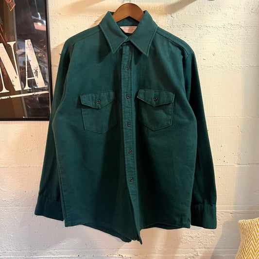 True Vintage 1970's Frostproof Cotton Chamois Cloth Button Up Flannel Shirt - Size Large - Made In USA - Forest Green