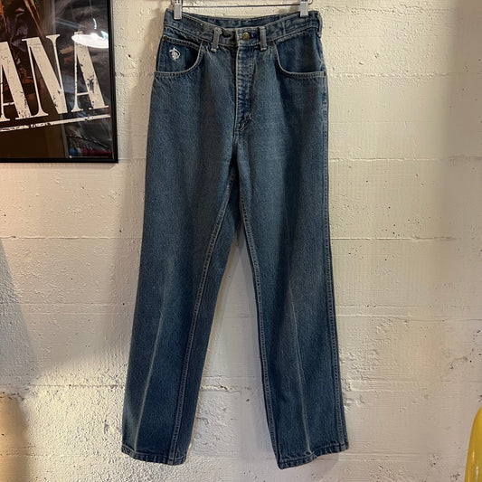 Vintage 1980's Kenny Rogers Western Collection By Karman Women's High Waisted Embroidered Denim Jeans - Size  26" x 30" - Made In USA - Indigo