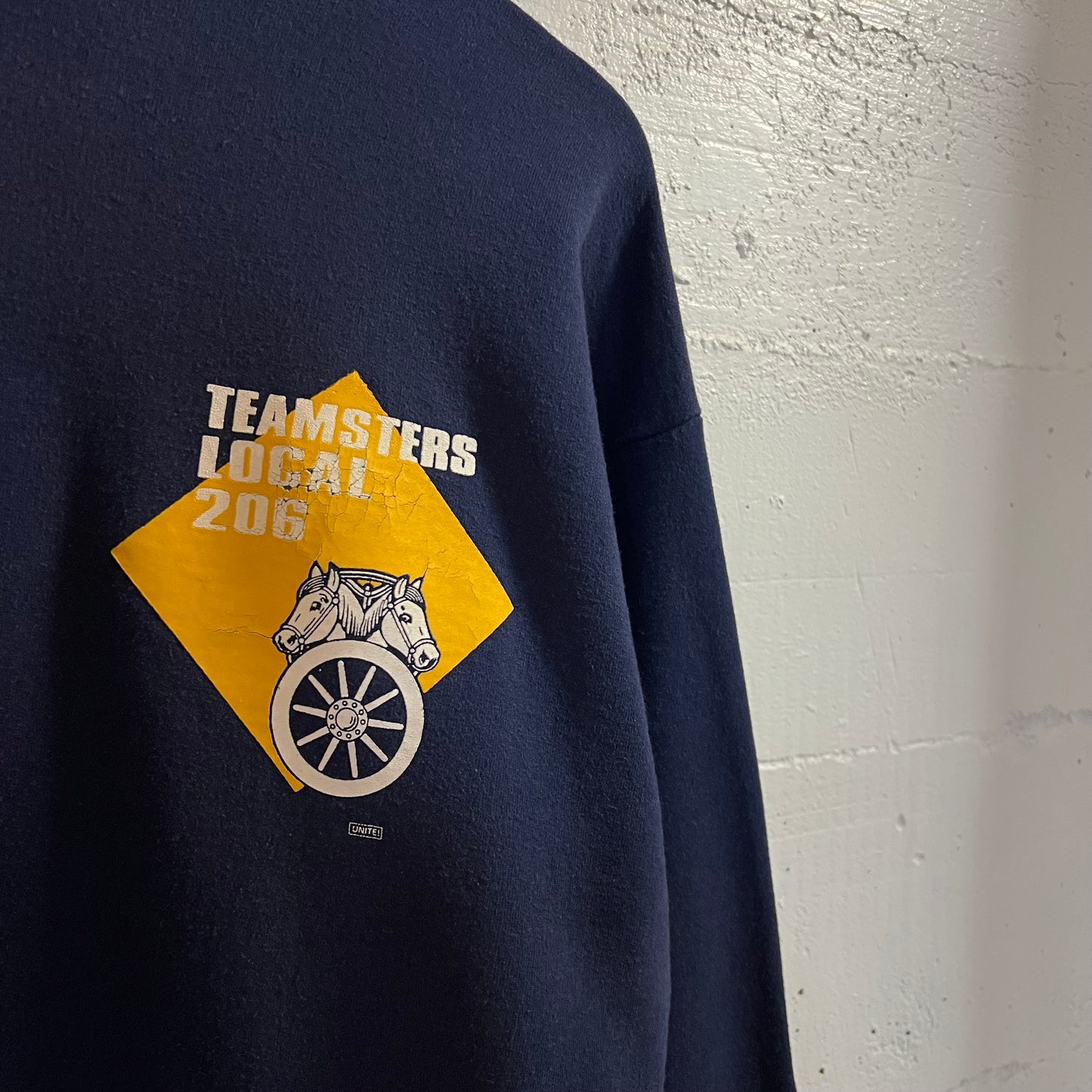Vintage 80’s Teamsters Local 206 Hoodie Sweatshirt - Size Medium - Union Made In USA - Navy/White/Yellow