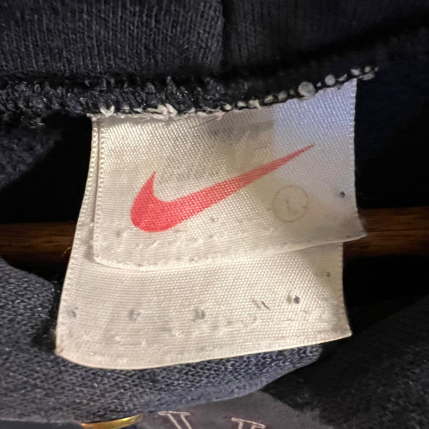 Vintage 90's Nike Spellout Embroidered 'Tracing' Distressed Hoodie Sweatshirt - Size Large - Made In USA - Navy