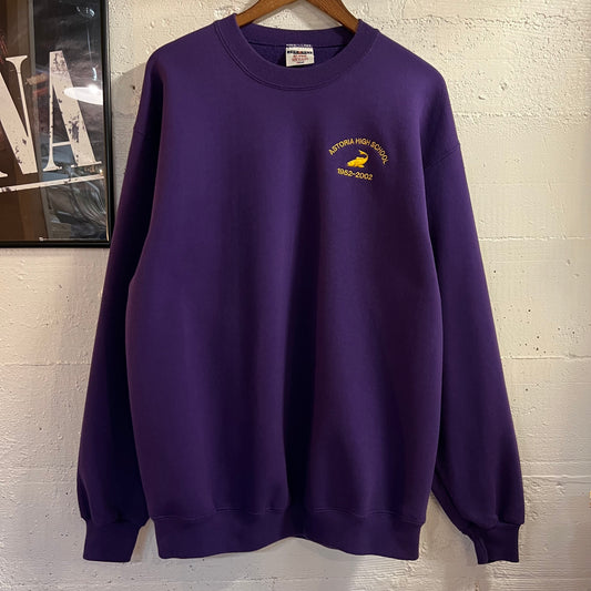 Vintage 2002 Embroidered Jerzees Astoria High School Crewneck Sweatshirt - Size Large - Purple/Yellow