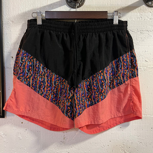 Vintage 80’s Saturday Sun Company Fun Patterned Swim Shorts - Size Medium - Multicolor Neon/Black/Pink