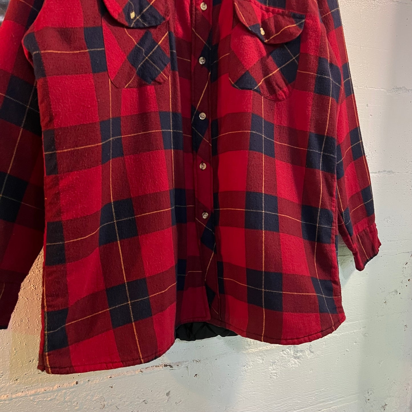 Vintage 90's Quilted Heavyweight Plaid Flannel Overshirt - Size Large - Maroon/Navy Plaid