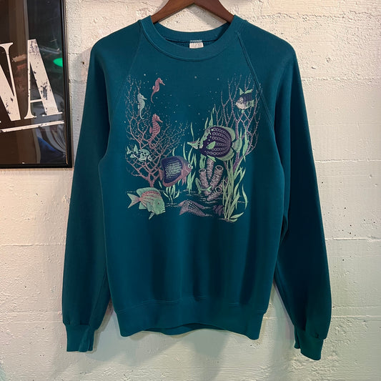Vintage 80's Florida Aquatic Scene Raglan Sleeve Crewneck Sweatshirt - Size Medium - Made In USA - Teal/Multi