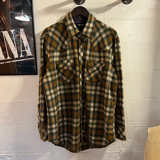 Vintage Yukon Plaid Wool Blend Pearl Snap Western Shirt - Size XL - Olive/Orange/Beige