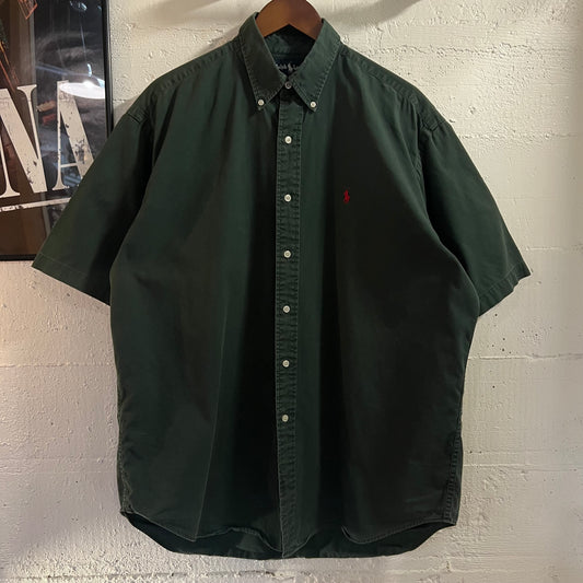 Vintage 90's Polo Ralph Lauren 'Blake' Short Sleeve Oxford Button Up Shirt - Size Large - Forest Green/Red - Made In USA - 100% Cotton