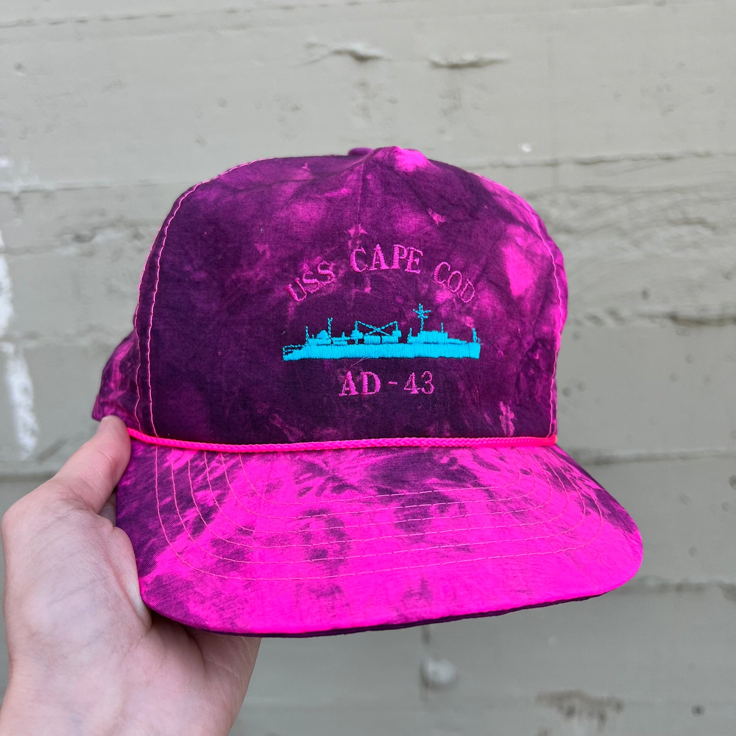 Vintage 90's USS-Cape Cod Embroidered Neon Tie Dye Nylon Snapback Hat - O/S - Pink/Turquoise