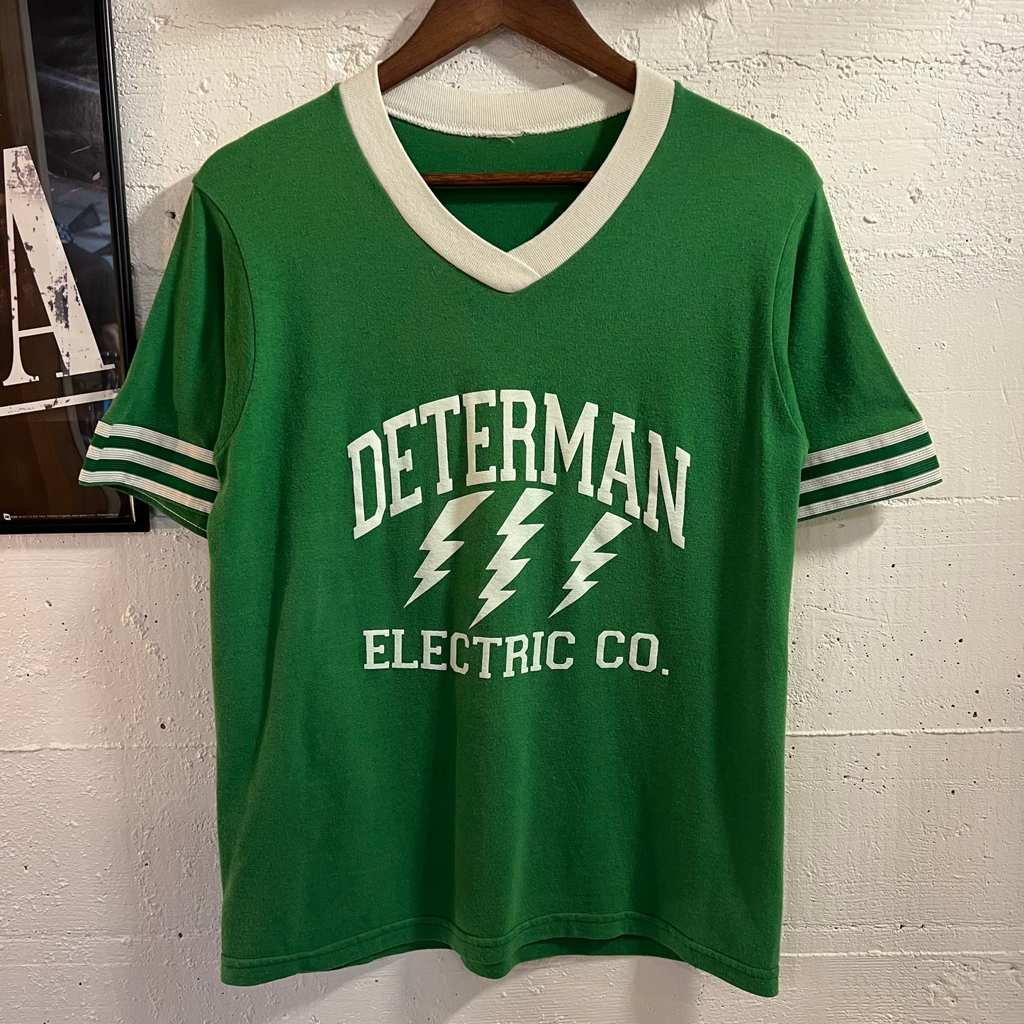 Vintage 80’s Determan Electric V-Neck Jersey Style T-Shirt - Size Medium - Green/White