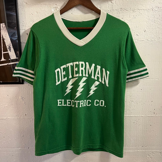 Vintage 80’s Determan Electric V-Neck Jersey Style T-Shirt - Size Medium - Green/White