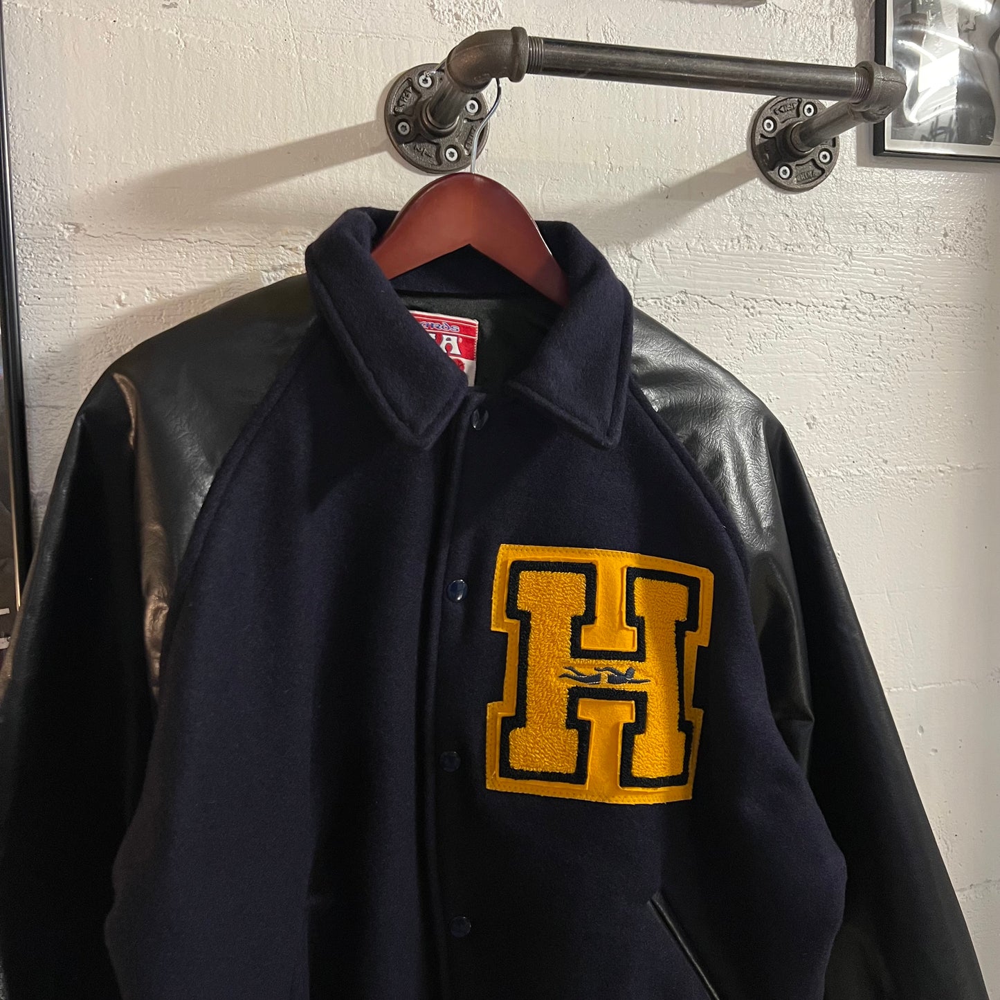Vintage 1970's Awards USA Naugalite Wool Varsity Jacket - Size Large - Made In USA - Navy/Gold