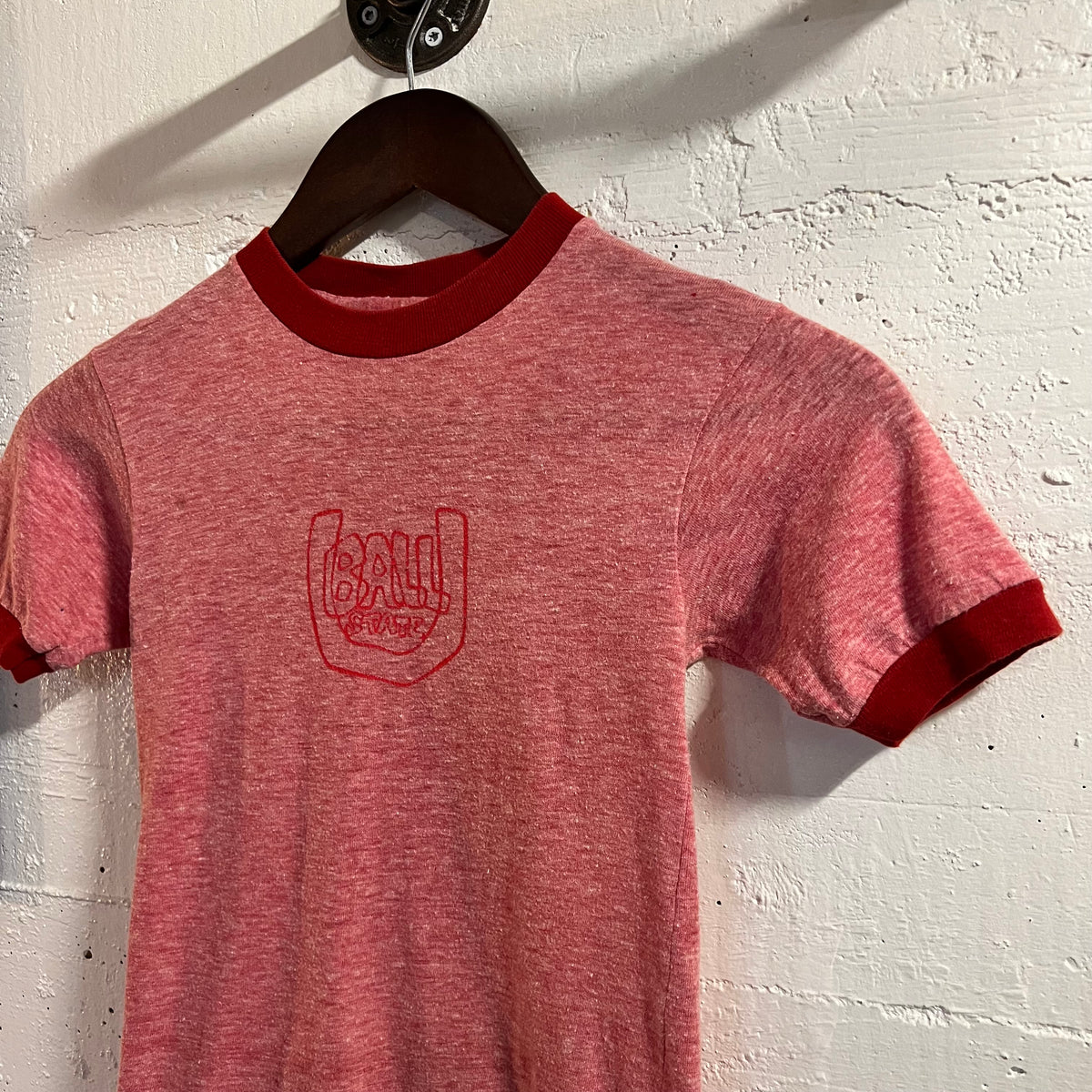 Vintage 80’s Champion Ball State University Single Stitch Ringer Baby T-Shirt - Size Youth Medium - Made In USA - Red