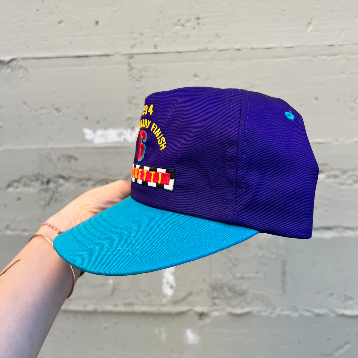 Vintage 1994 Mario Andretti #6 Texaco Racing 'A Legendary Finish' Embroidered 2-Tone Snapback Hat - O/S - Purple/Teal