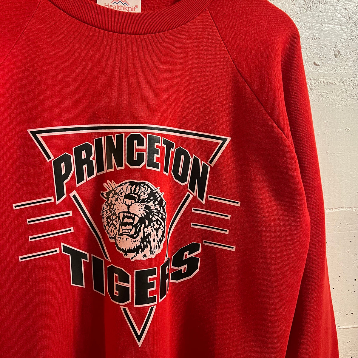 Vintage 80’s Healthknit Princeton Tigers Raglan Sleeve Crewneck Sweatshirt - Size XL - Made In USA - Red/Black/White