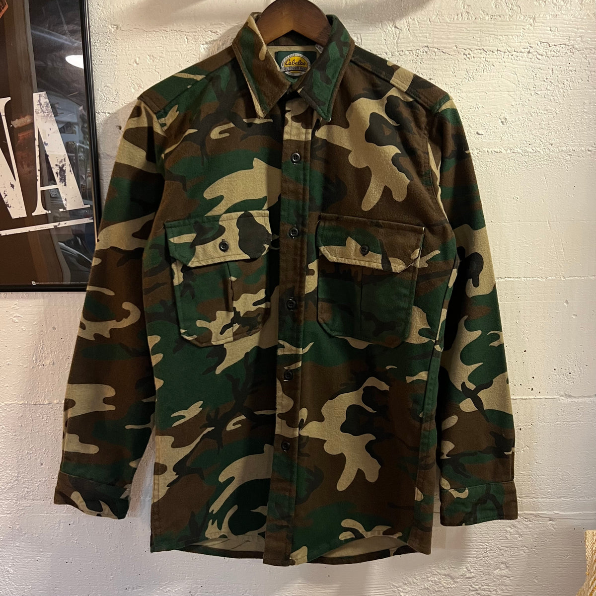 Vintage 90’s Cabela’s Woodland Camo Chamois Cloth Long Sleeve Button Up Flannel - Size Small - Made In USA - Earth Toned