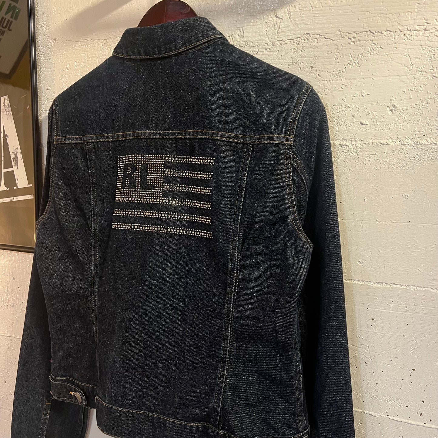 Vintage Polo Jeans Co. Ralph Lauren Rhinestone Flag Denim Trucker Jacket - Size XL - Raw Dark Indigo