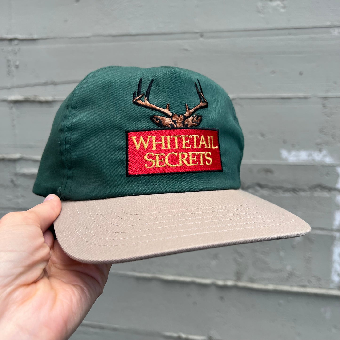 Vintage Embroidered Whitetail Secrets ‘Hunter Services’ 6-Panel Snap Back Trucker Hat - One Size Fits All - Made In USA - Green/Tan/Black
