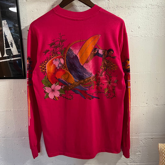 Vintage 80’s World Class Surfing Long Sleeve Single Stitch Pocket T-Shirt - Size Large - Made In USA - Pink/Multi