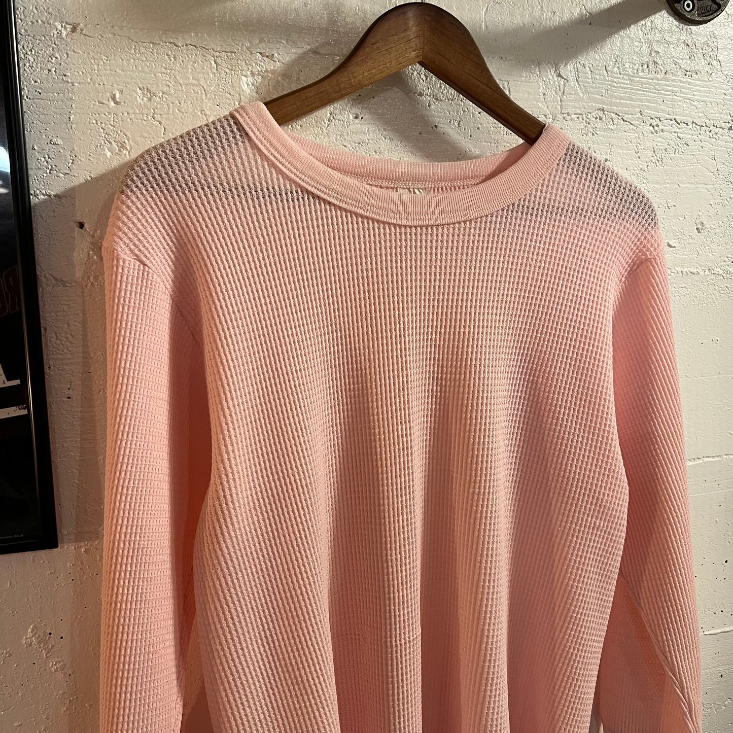Vintage Pink Waffle Knit Thermal Shirt - Size 44/46 (XL) - Made In USA - Pink