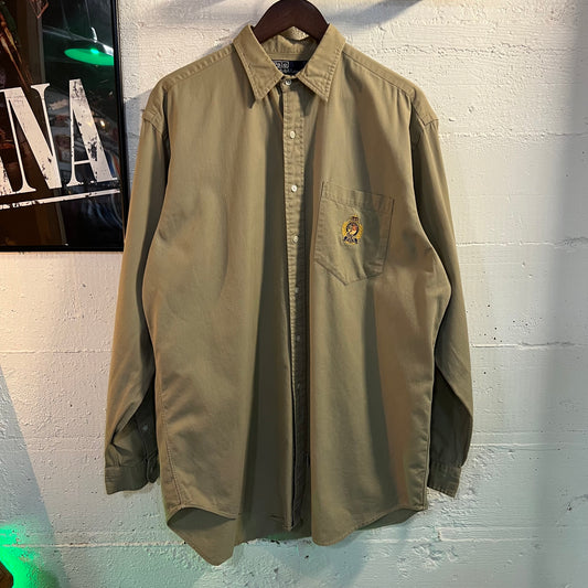 Vintage 90's Polo Ralph Lauren Royal Crest Button Up Khaki Shirt - Size Large - Tan/Khaki