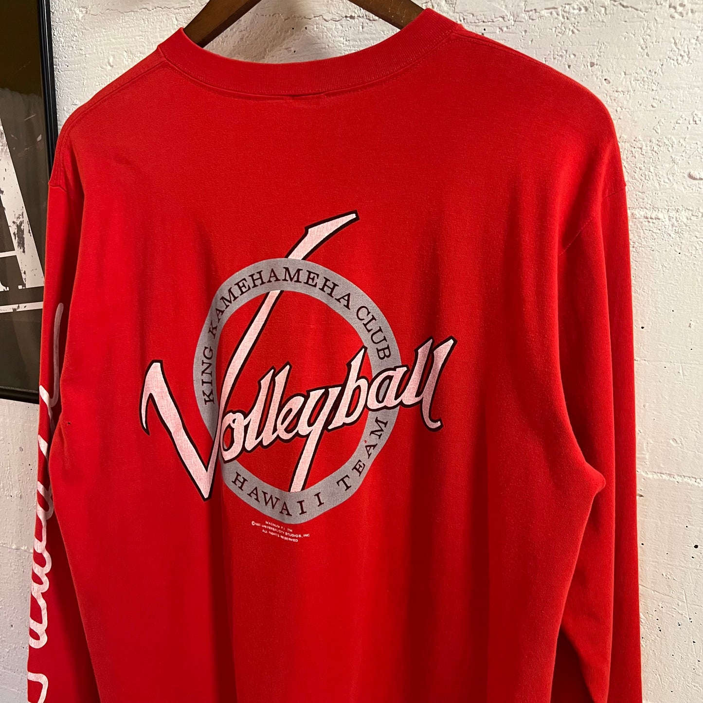 Vintage 1980's Magnum Pi 'King Kamehameha Club Volleyball Crazy Shirts Hawaii Long Sleeve Single Stitch T-Shirt - Size Large - Made In USA - Red - 100% Cotton