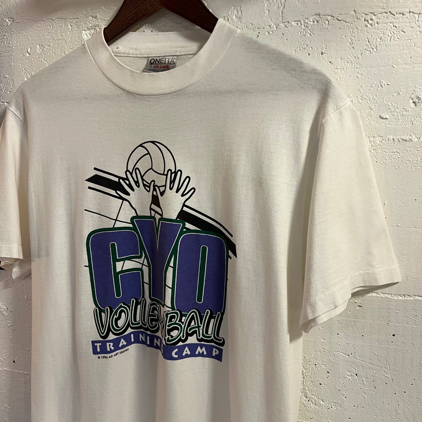 Vintage 1996 CYO Volleyball Training Camp Single Stitch T-Shirt - Size Medium - Made In USA - White/Black/Purple/Green