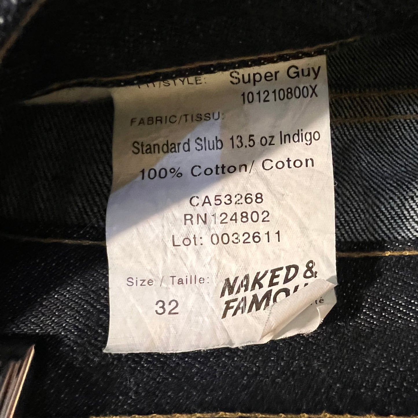 Naked & Famous Super Guy Standard Slub 13.5oz Raw Indigo Japanese Denim Jeans - Size 32" - Dark Indigo - 100% Cotton - Made In Canada