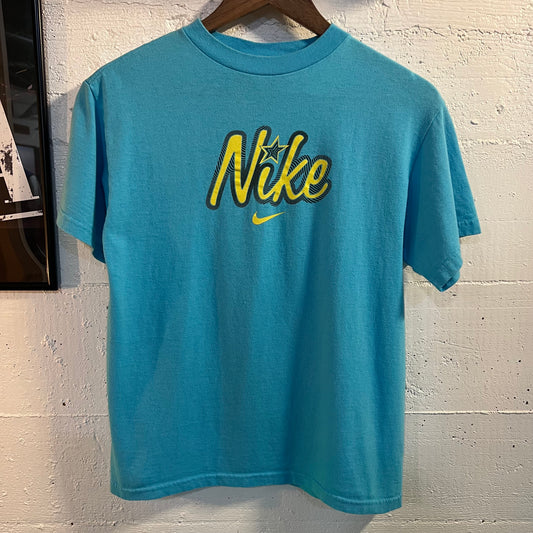 Vintage 90’s Nike Big Logo Baby T-Shirt - Size Medium - Blue/Yellow
