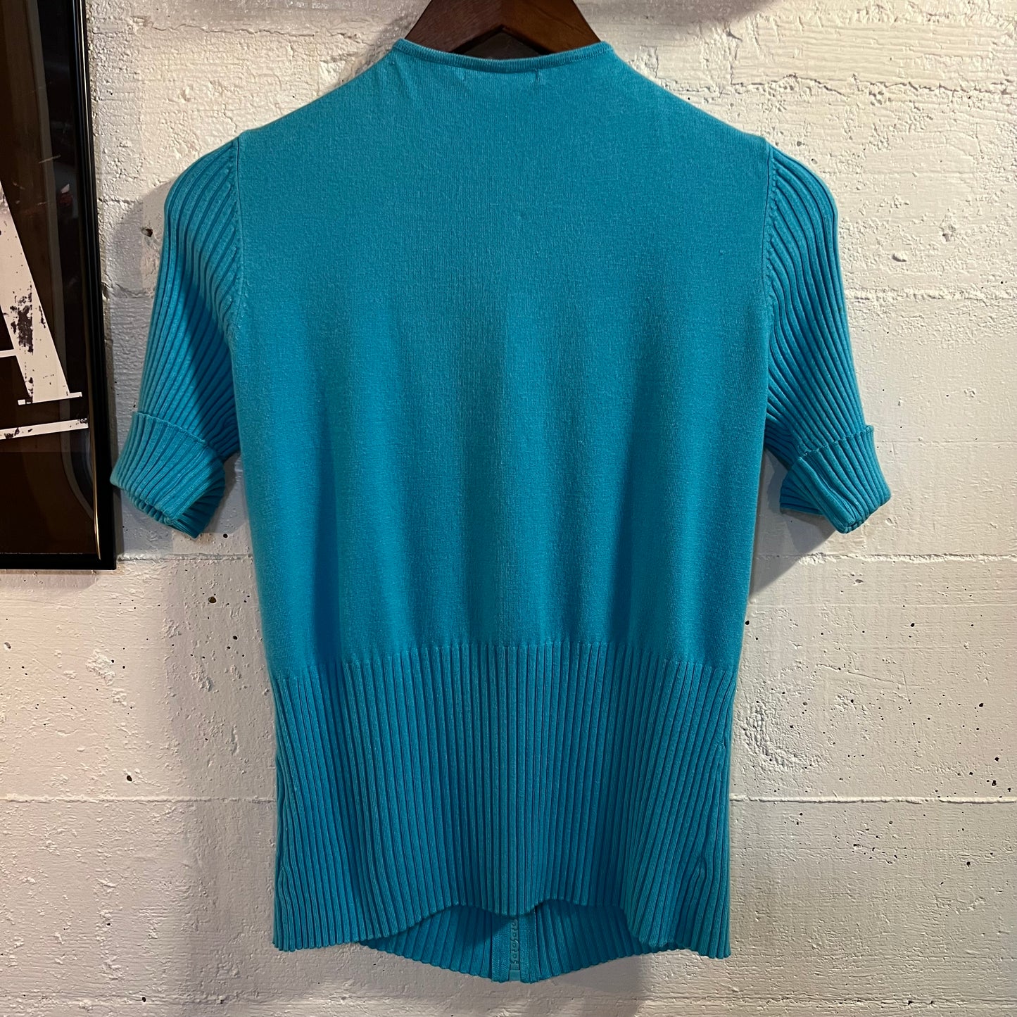 Belldini Bedazzled Zipper Short Sleeve Knitted Sweater - Size Large - Blue