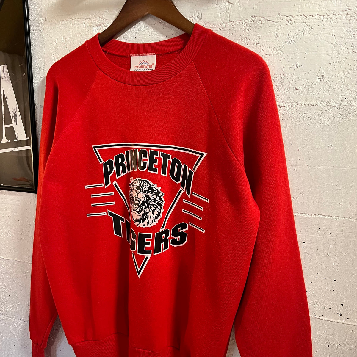 Vintage 80’s Healthknit Princeton Tigers Raglan Sleeve Crewneck Sweatshirt - Size XL - Made In USA - Red/Black/White