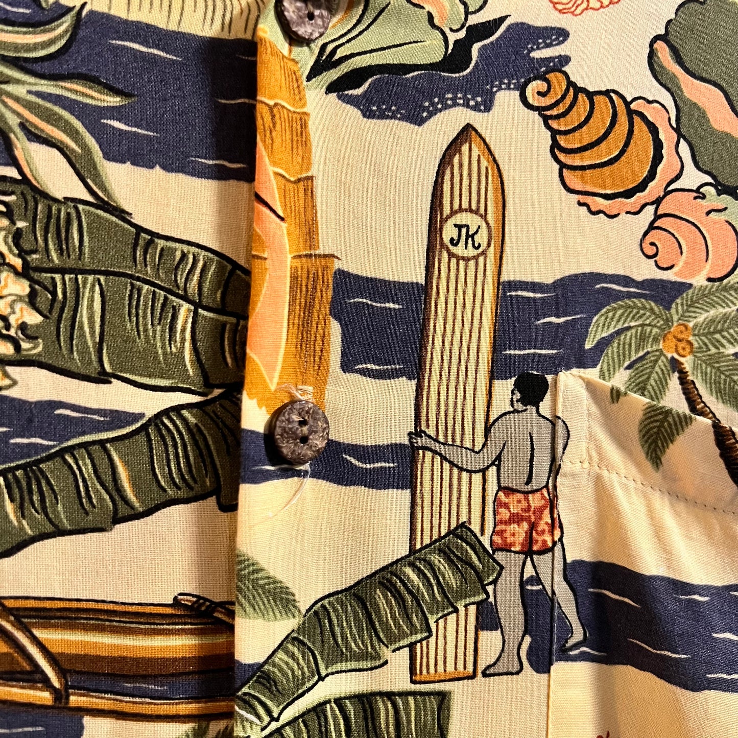 Vintage Joe Kealoha Hula Girl Surfer Rayon Aloha Shirt - Size Medium - Made In USA - 100% Rayon