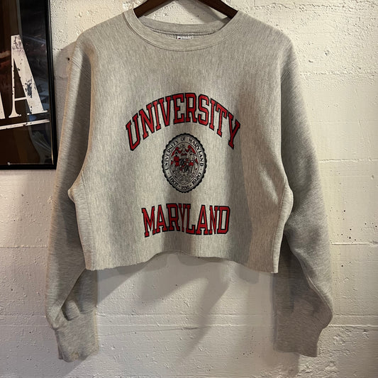 Vintage 90’s Champion Reserve Weave University Of Maryland Cropped Crewneck Sweatshirt - Size XL - Made In USA - Heather Grey/Red/Black