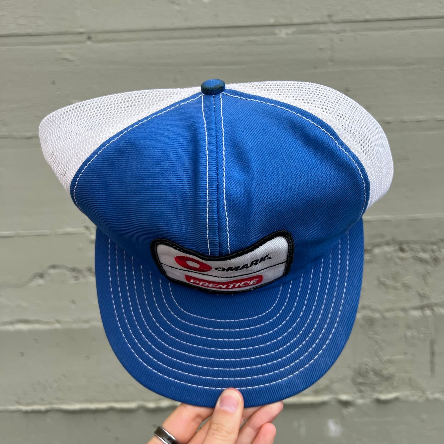 Vintage 70's/80's Prentice Omark Louisville Mfg. Co Mesh Back Trucker Hat - O/S - Made In USA - Blue/White
